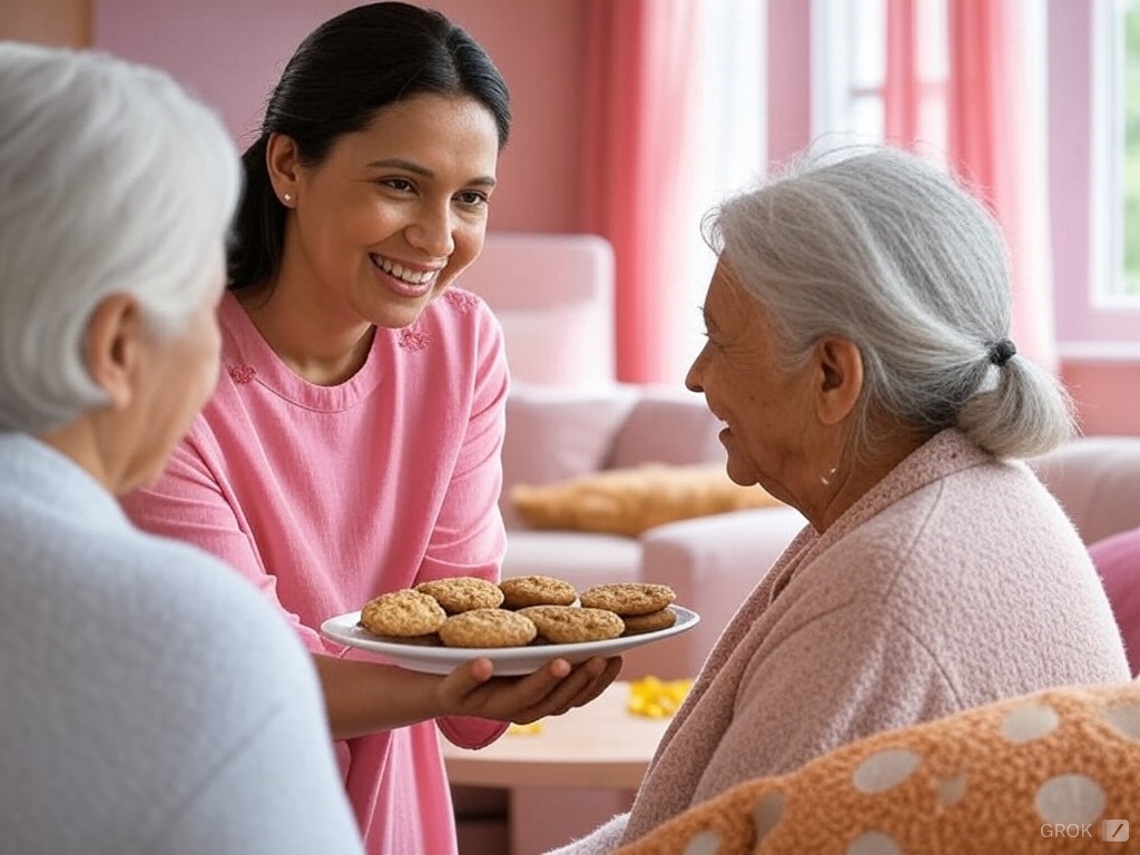 woman serving two elderly women for home page of a virtuous home